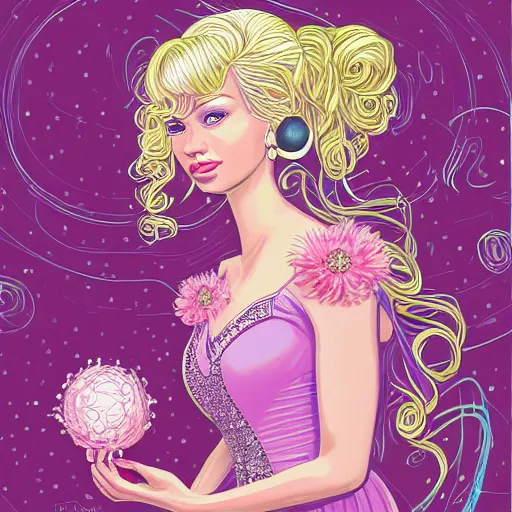 Prompt: Digital art of a princess with blonde hair and bangs, wearing a fancy pink ball dress and pearl earings, holding a pink and purple flower boquet in a light pink room by Dan Mumford and Sandra Chevrier, 4k