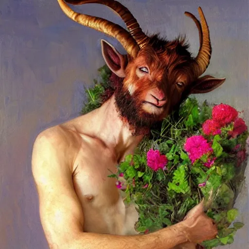 Prompt: A shy goat human hybrid with the horns, ears, and legs of a goat and the face and body of a human holding a bundle of flowers. By Craig Mullins. By Ilya Repin. By Ruan Jia.