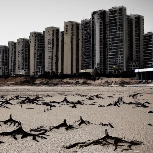 Image similar to apocalyptic beachside city, dried up oceans, desert everywhere, buildings covered in black tar