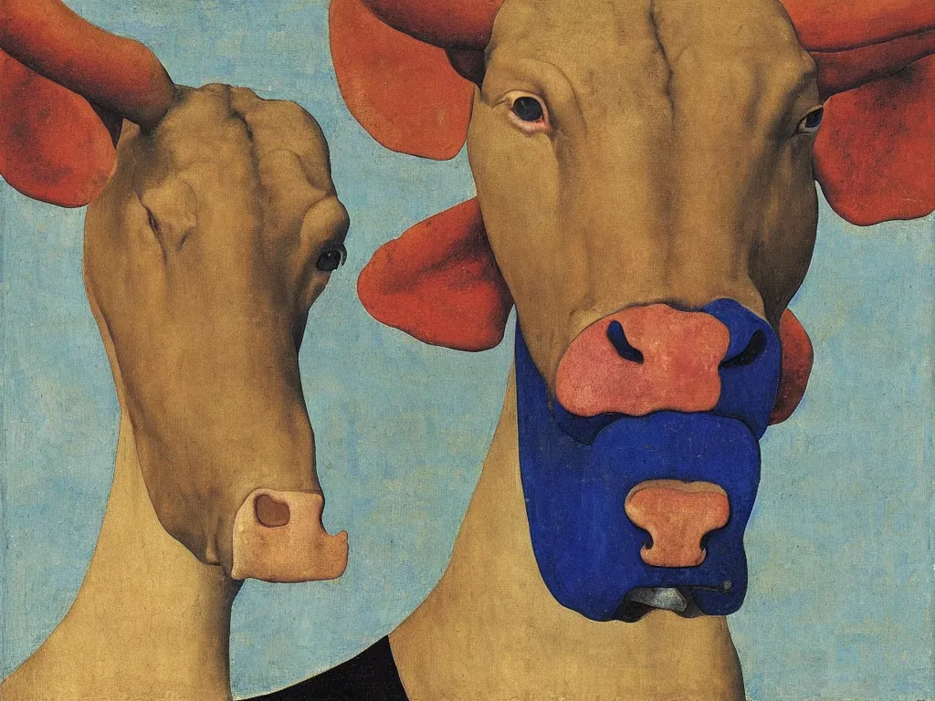 Image similar to portrait of a bull head. lapis lazuli, malachite, cinnabar, gold. painting by piero della francesca, balthus, agnes pelton