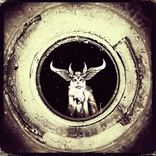 Image similar to baphomet's curse manhole in the night sky, polaroid photo, perfect photo, photo pinterest