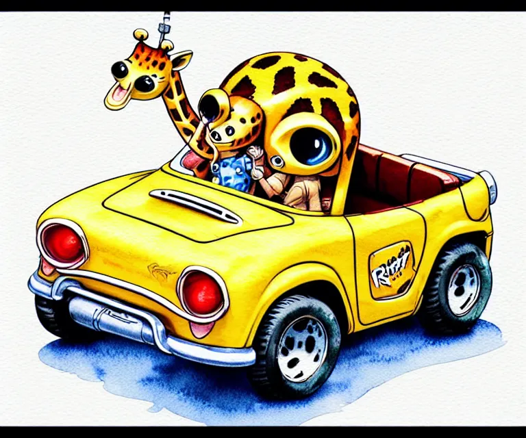 Image similar to cute and funny, baby giraffe wearing a helmet riding in a tiny hot rod with oversized engine, ratfink style by ed roth, centered award winning watercolor pen illustration, isometric illustration by chihiro iwasaki, edited by range murata, tiny details by artgerm and watercolor girl, symmetrically isometrically centered