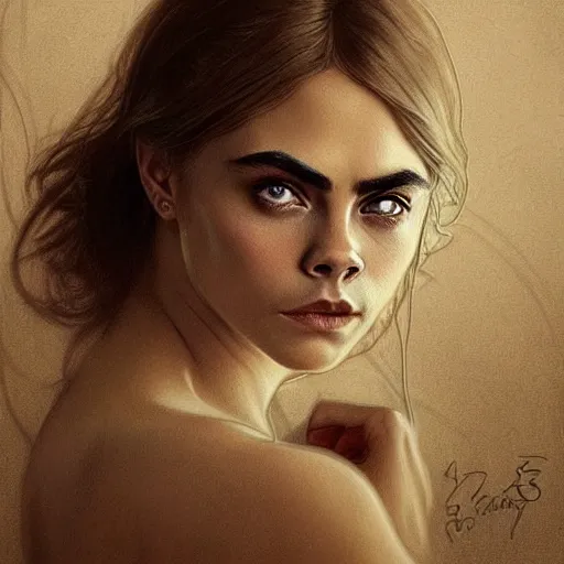 Image similar to amazing lifelike award winning pencil illustration of cara delevingne trending on art station artgerm Greg rutkowski alphonse mucha cinematic