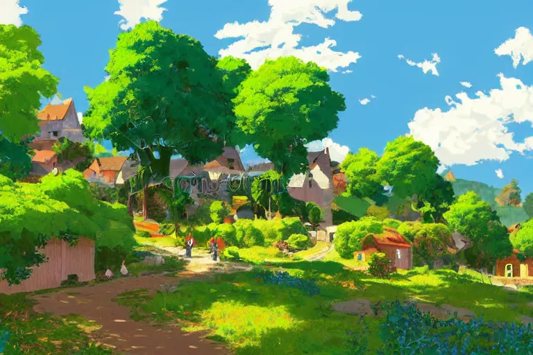 Image similar to a beautiful landscape of a tiny futuristic village in the french countryside during spring season, painting by studio ghibli hd and albert bierstadt hd and vector illustration touch, nice spring afternoon lighting, smooth tiny details, soft and clear shadows, low contrast, perfect