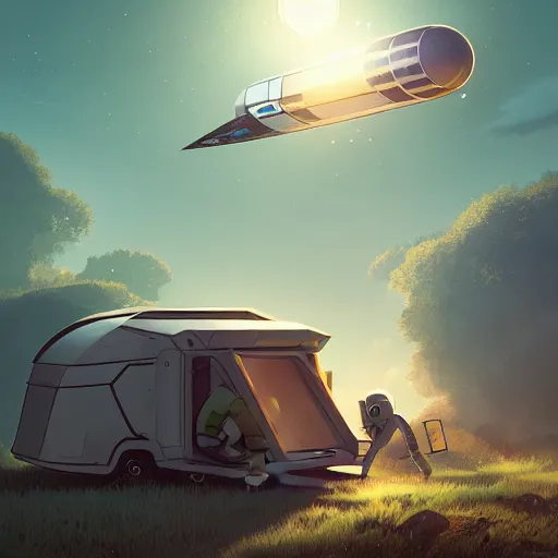 Image similar to ilustration astronaut unloading the spaceship before camping, characterized by roman shipunov, etienne hebinger, atey ghailan, cgsociety, cynical realism, fantasy art, 2 d game art