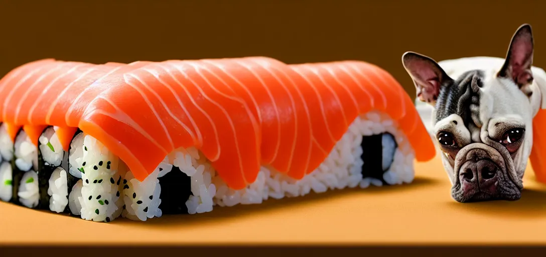 Image similar to a very high resolution image from a new movie. a dog house made of sushi. close up. 2 0 0 mm, dof, photorealistic, photography, directed by wes anderson