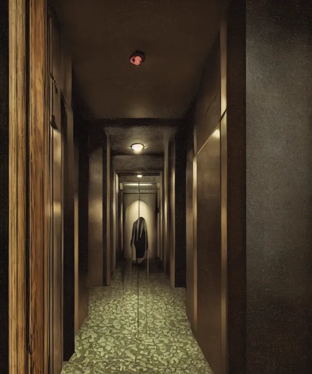 Image similar to horrifying full color photorealistic image an hotel elevator lobby, with a screaming bellhop embedded in the wall, dark, atmospheric, brooding, smooth, finely detailed, cinematic, epic, in the style of lee gibbons