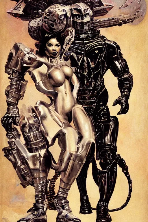 Image similar to full body portrait of rich piana as armoured demon standing beside elegant space woman in latex spacesuit, by norman rockwell, jack kirby, jon berkey, earle bergey, craig mullins, ruan jia, jeremy mann, tom lovell, marvel, astounding stories, 5 0 s pulp illustration, scifi, fantasy, artstation creature concept