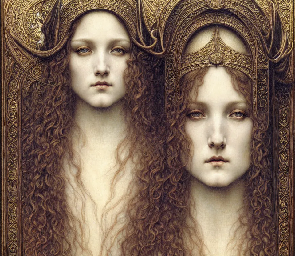 Image similar to detailed realistic beautiful young medieval queen face portrait by jean delville, gustave dore and marco mazzoni, art nouveau, symbolist, visionary, gothic, pre - raphaelite. horizontal symmetry