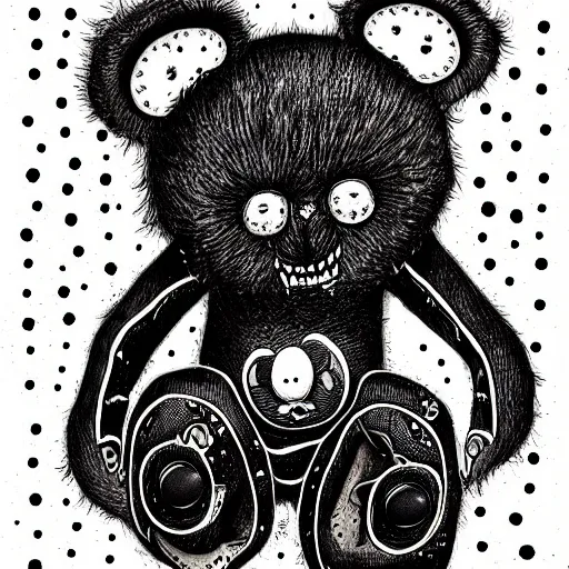 Prompt: dark art cartoon grunge drawing of a teddy bear with black holes as eyes by tim burton - loony toons style, horror theme, detailed, elegant, intricate, trending on art station