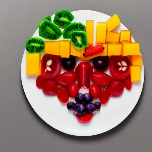 Image similar to beautiful photo a face made of fruit pieces, on a white plate, dslr