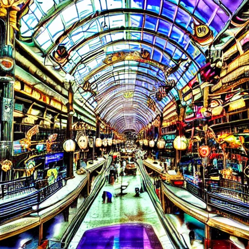 Image similar to terminal 2 1 in bangkok. steampunk and magical colors. digital art.