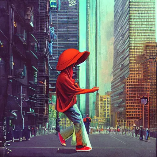 Image similar to a lone android walking in a city, he has a cubic computer screen for a face, on his head he is wearing a bucket hat made of a flamingo print cloth, by John Harri and Michael Whelan and John Berkey and Robert McCall and Chris Foss and Chris Moore and Vincent Di Fate and Rafał Olbiński and Jim Burns