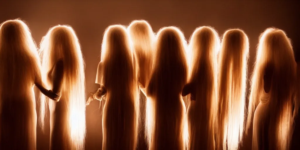 Prompt: love, groups of translucent people with long glowing hair, from behind, rebirth, wide angle, cinematic atmosphere, elaborate, highly detailed, dramatic lighting