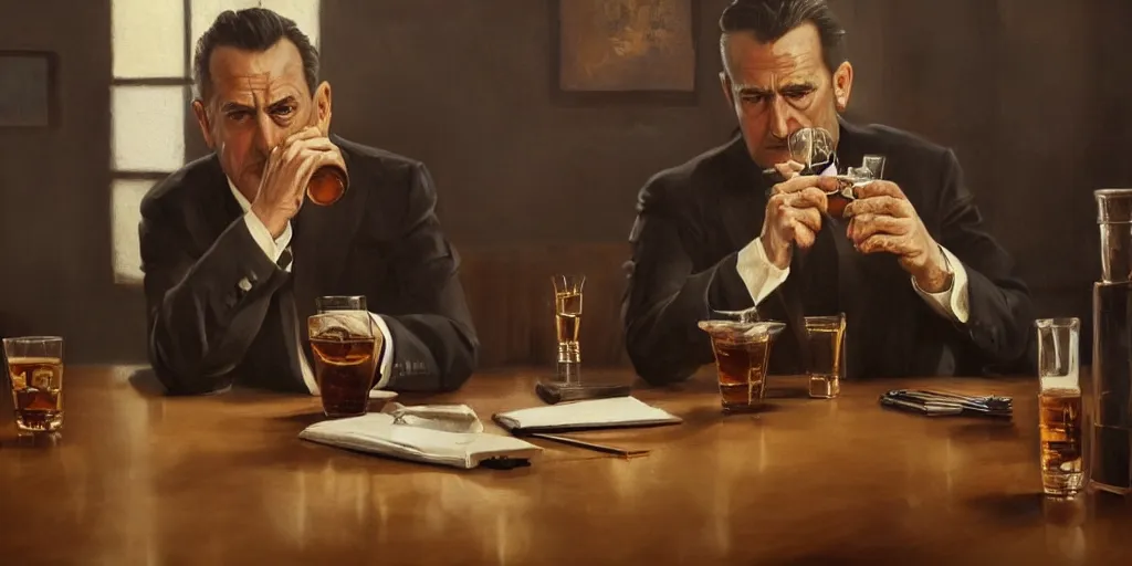 Image similar to beautiful oil matte portrait painting, mafia boss drinking whiskey at his 5 0 s new york office desk, wonderful masterpiece highly detailed, beautiful cinematic light deep focus, elegant, digital painting, smooth, sharp focus, golden ratio, dramatic illumination, ultra realistic, 8 k, art by jimmy law