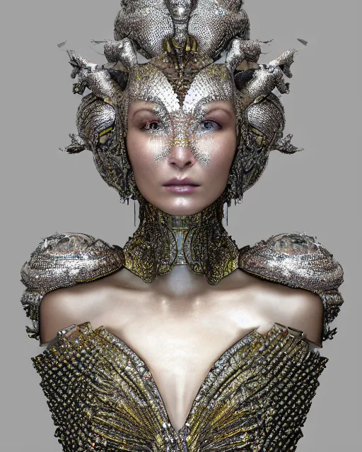 Image similar to a highly detailed metahuman 4 k close up render of an alien goddess bella hadid as goddess in iris van herpen dress schiaparelli in diamonds crystals swarovski and jewelry iridescent in style of alphonse mucha gustav klimt trending on artstation made in unreal engine 4