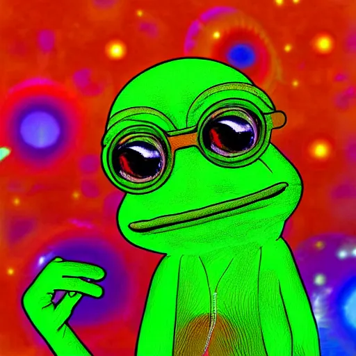 Image similar to a 3 d render of a psychedelic pepe, tripping on mushrooms, floating in space, hd, digital art