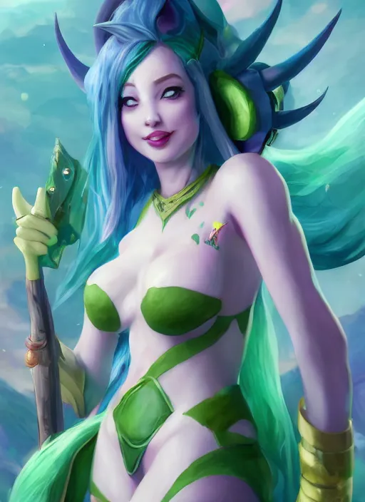 Image similar to silly soraka, from league of legends, health supporter, hyper detailed, green aura in wand, au naturel, digital art, trending in artstation, cinematic lighting, studio quality, smooth render, unreal engine 5 rendered, octane rendered, art style by klimt and nixeu and ian sprigger and wlop and krenz cushart