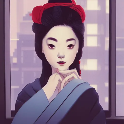 Image similar to a geisha looking longingly out the window hoping to catch a glimpse of her beloved before the storm sets in, ambient lighting, 4 k, lois van baarle, ilya kuvshinov, rossdraws