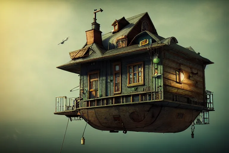 Image similar to photorealistic flying house, many details, Ultra detailed, octane render, by Alexander Jansson