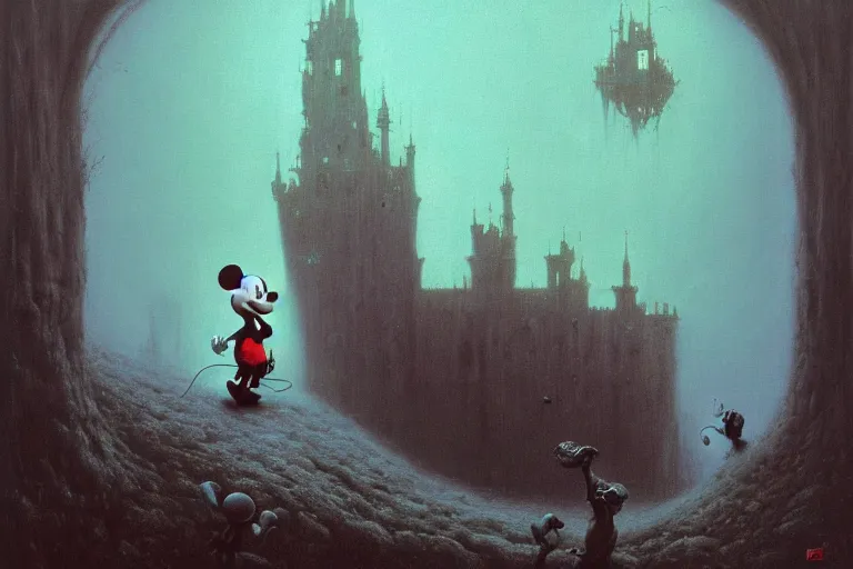 Prompt: life of mickey mouse, scene features mickey mouse, by zdzislaw beksinski, by dariusz zawadzki, by wayne barlowe, gothic, surrealism, cosmic horror, lovecraftian, cold hue's, warm tone gradient background, concept art, beautiful composition
