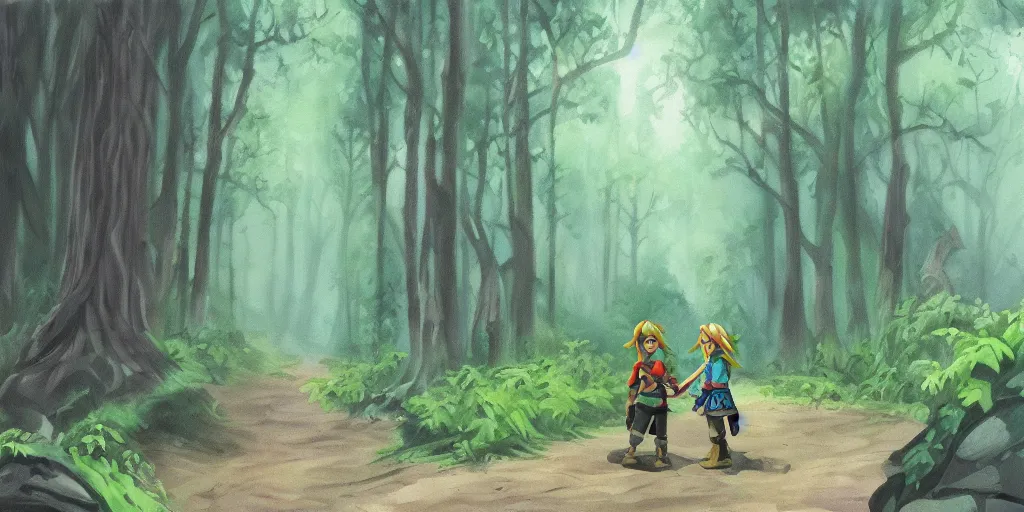 Prompt: painting of young link and tatl entering an old!!! forest temple full of green trees and plants, under a gray foggy sky