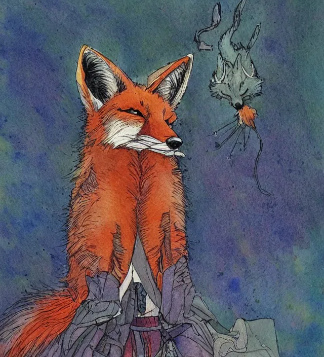 Prompt: a 3 / 4 view watercolor ink painting of a fox as a witch in the style of jean giraud in the style of moebius trending on artstation deviantart pinterest detailed realistic hd 8 k high resolution