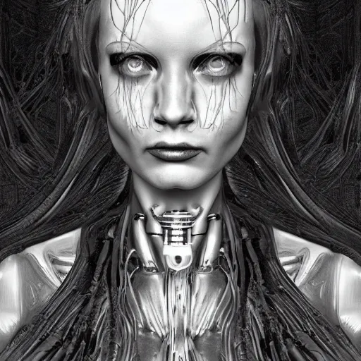 Prompt: half - human cyborg nymphette, portrait by tony diterlizzi and h. r giger, ilford hp 5, 5 5 mm, hyper realistic, hyper - mechanistic 3 d render by artgerm, unreal 5, gothcore, disturbia, joseph christian leyendecker, tim burton and beeple