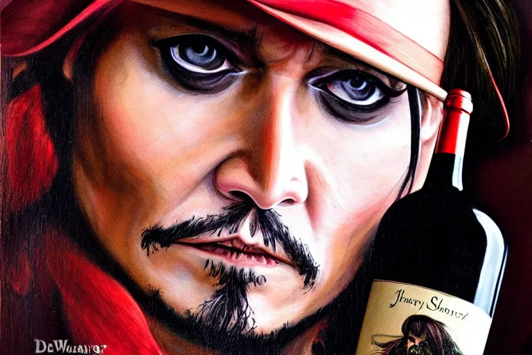 Prompt: still of johnny depp face on a giant glass of wine, by david schwarz