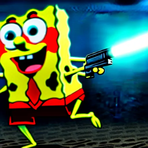 Image similar to high detail full body shot of spongebob squarepants shooting an ak - 4 7 machine gun with muzzle flash, cinematic framing, cinematic light, hard shadows, in the style of the movie lone survivor,