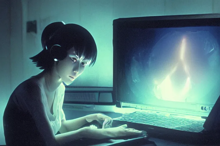 Image similar to anime alien using a computer to check her email submerged in translucent goo, over the shoulder perspective, in 1 9 8 5, y 2 k cybercore, industrial low - light photography, still from a kiyoshi kurosawa movie