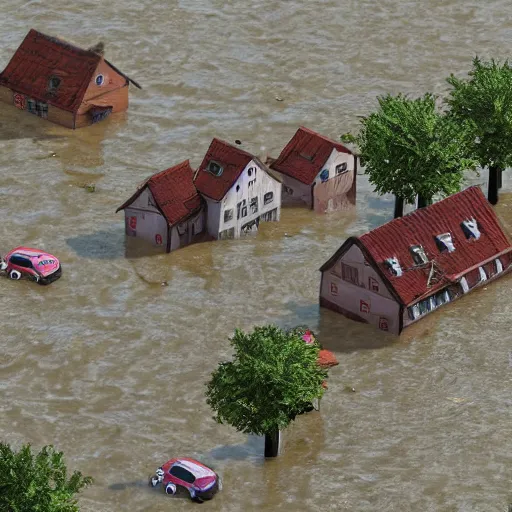 Image similar to top-down 3D video game about a german town being flooded, gameplay footage