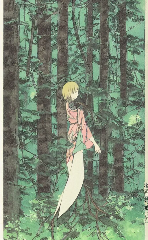 Image similar to by studio ghibli, pixiv, concept art, girl next to a japanese crane bird in japanese pines, trading card front, kimono, realistic anatomy, sun in the background