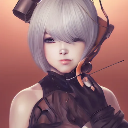 Image similar to A realistic anime portrait of a beautiful 2B from Nier Automata with a human face wearing a kimono, digital painting, by Stanley Artgerm Lau, WLOP, and Rossdraws, digtial painting, trending on ArtStation, deviantart