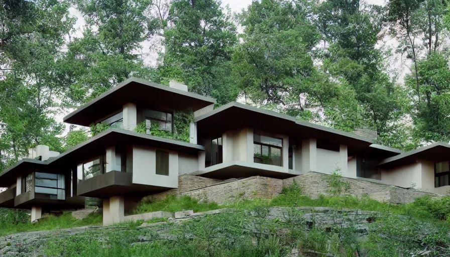 Image similar to modern villa, tibetan inspired architecture, on a green hill between trees, frank lloyd wright, photorealistic,