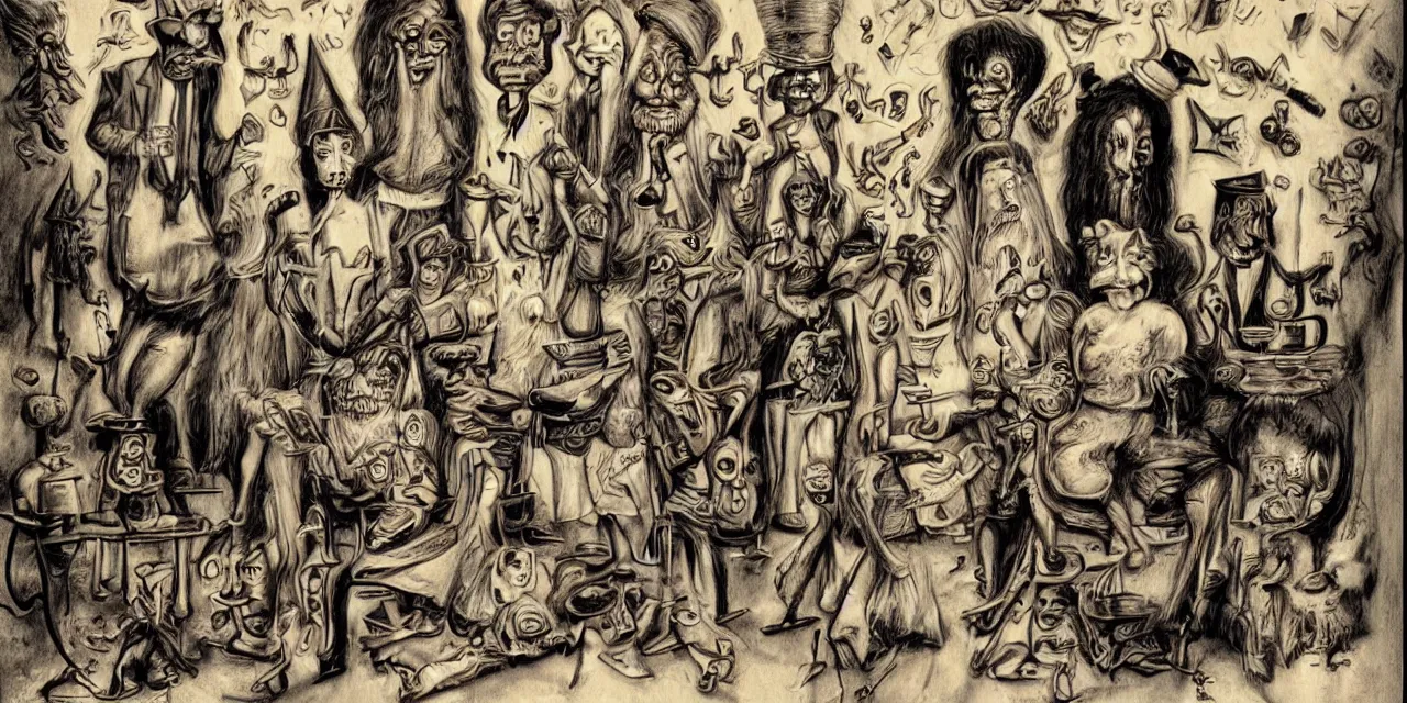 Image similar to surreal image of a family of wizards dali meets r crumb sketch