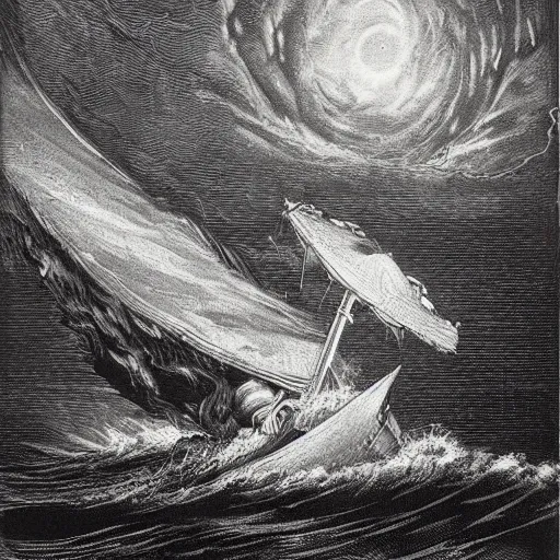 Image similar to large ship being tossed about in a fierce storm in the sea, dark, low light, terrifying, beautiful, john tenniel illustration