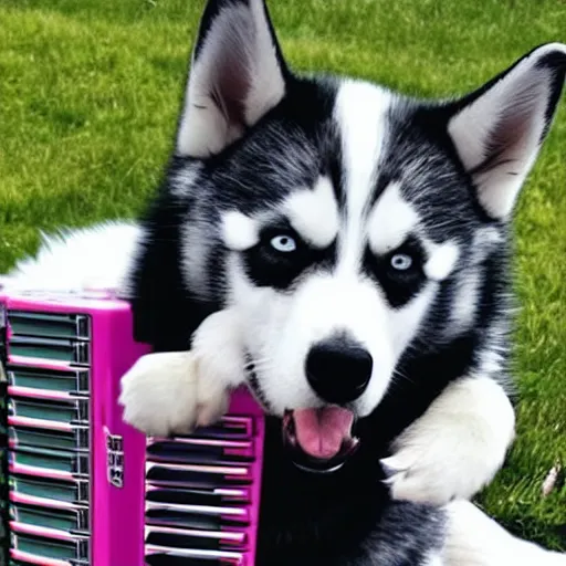 Prompt: a happy husky dog playing the accordian