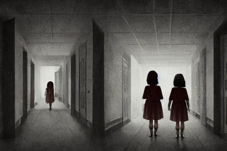 Prompt: scary ginger twin girls standing in an haunted endless hallway, illustration, horror, dark, dramatic lighting, digital art, unique, trending on artstation, artistic, symmetrical, inspired by wes anderson