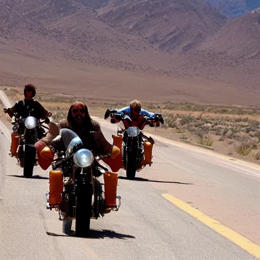 Prompt: hells angels riding ona long road in the desert