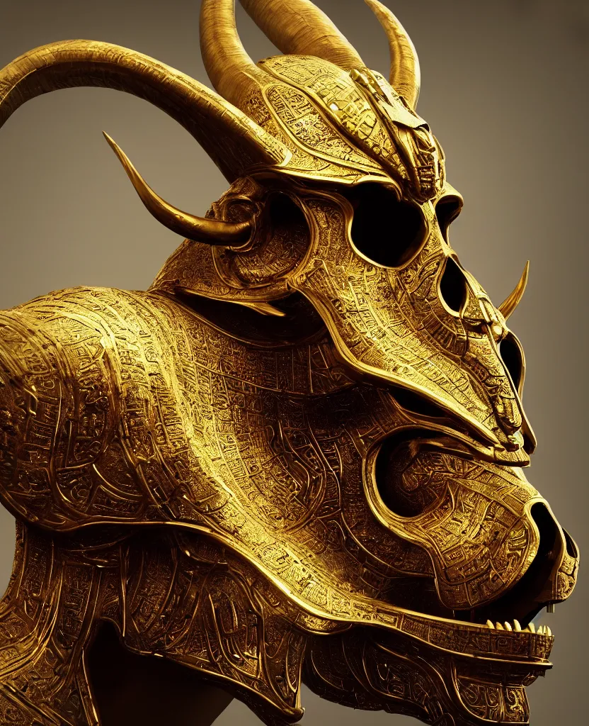 Image similar to Photorealistic epic egyptian god face close-up portrait ram skull, jackal skull, gold. ominous, ancient magic, intricate artwork by Tooth Wu and wlop and beeple and ryohei hase. octane render, trending on artstation, greg rutkowski very coherent symmetrical artwork. cinematic, hyper realism, high detail, octane render, 8k