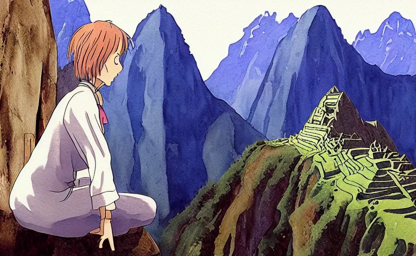 Image similar to a realistic and atmospheric watercolor from howl's moving castle ( 2 0 0 4 ) of a witch meditating in machu pichu. very dull muted colors, hd, 4 k, hq