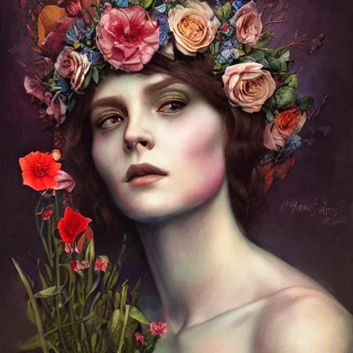 Image similar to flower queen, by annie swynnerton and tino rodriguez and tom bagshaw, dramatic lighting, floral tattoos, rich colors, smooth sharp focus, extremely detailed, adolf wolfli