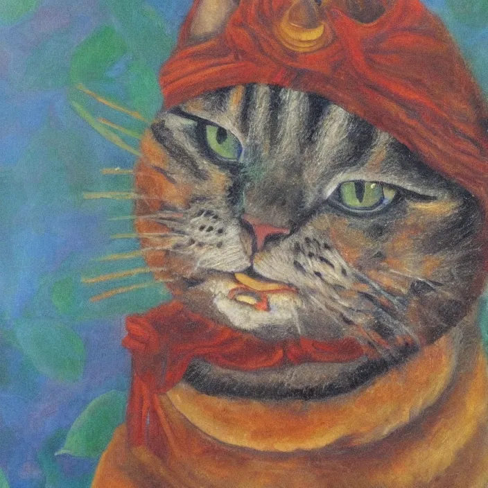 Image similar to a beautiful oil portrait of the cat buddha, smiling serenely