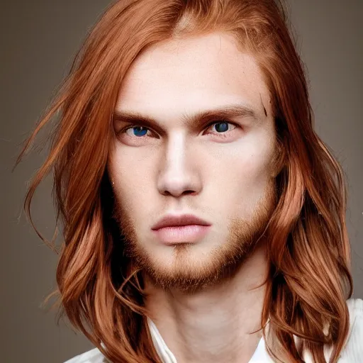 Prompt: a beautiful picture of a jong red blond european man wiht a sharp face and brown eyes, long hair, pointy nose