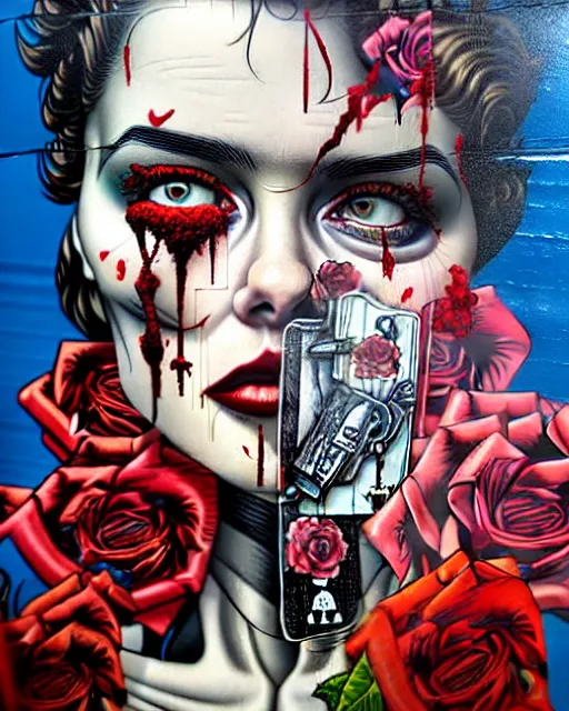 Prompt: horror with blood, rose and a pistol with sea and ocean in the background intricate details by Sandra Chevrier