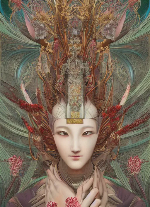 Image similar to portrait full three kingdom breathtaking detailed concept art painting art deco pattern of birds goddesses amalmation flowers head thibetan temple, by hsiao ron cheng, tetsuya ichida, bizarre compositions, tsutomu nihei, exquisite detail, extremely moody lighting, 8 k, art nouveau, old chines painting, art nouveau