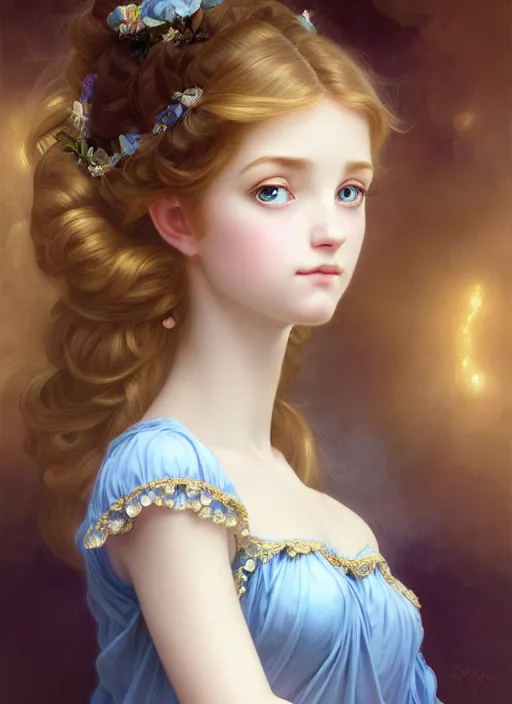 Prompt: Portrait of dreamy and ethereal girl with light blue eyes, peaceful expression, ornate frilly dress, fantasy, intricate, elegant, beautiful, digital art, beautiful dynamic lighting, golden ratio, highly detailed, digital painting, trending on artstation, concept art, smooth, sharp focus, illustration, photo realistic, art by artgerm and greg rutkowski and alphonse mucha and yoji shinkawa, 4K