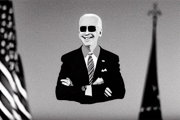 Image similar to a photo taken from a distance of Joe Biden floating in a black void