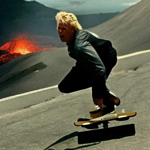 Image similar to gary busey doing a sweet skateboard trick off the lip of a volcano, movie still